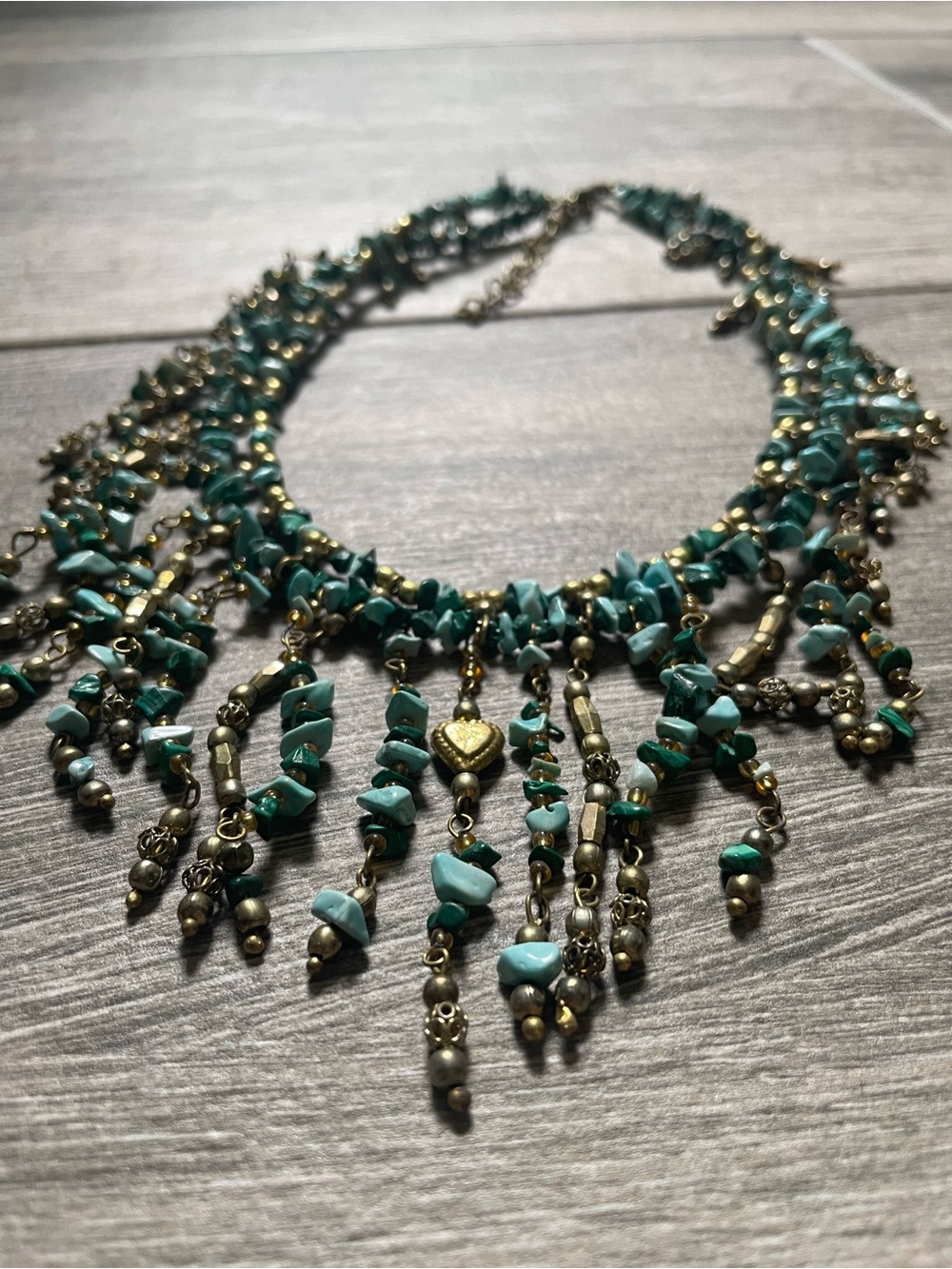 Chico's Turquoise Fringe Statement Necklace with Gold Accents
